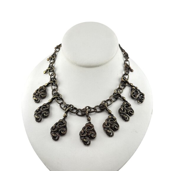 Vintage Brutalist Bronze Statement Necklace Textured Chain Dangle Pendant Choker - Picture 2 of 8